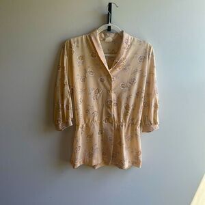 Beige Floral Vintage Baby Doll 3/4 Sleeve Blouse 1970s Size 10 Sheer